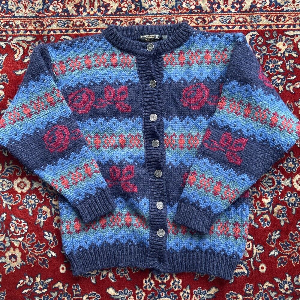 Vintage Maban Of Scotland Wool Cardigan Sweater Blue Color Size Medium